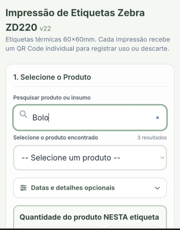 Tela real de busca de produtos para impressão de etiquetas